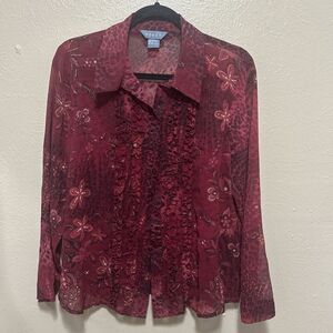Koret Burgundy Floral Animal Print Ruffle Sheer Blouse Top Size 12